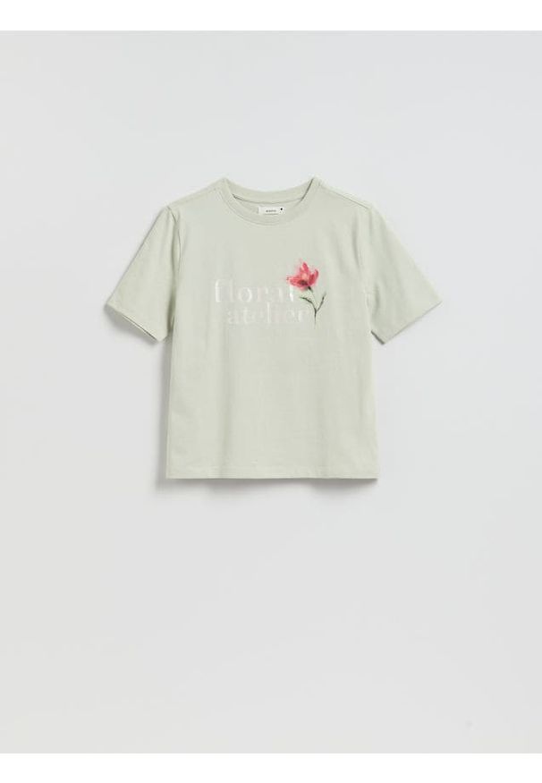 Reserved - Bawełniany t-shirt z nadrukiem - jasnozielony. Kolor: zielony. Materiał: bawełna. Wzór: nadruk