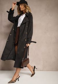 Renee - Czarny Oversizowy Płaszcz Trencz o Dwurzędowym Kroju z Paskiem Darinella. Okazja: na co dzień. Kolor: czarny. Materiał: jeans. Styl: casual, elegancki