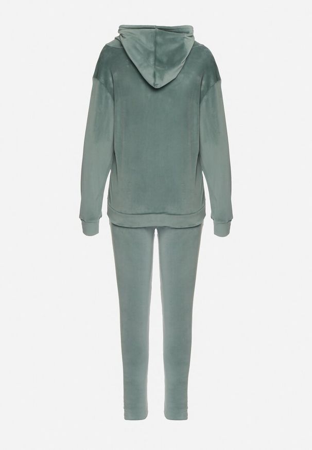 Born2be - Miętowy Komplet Dresowy z Weluru Bluza z Kapturem i Spodnie z Gumką w Pasie Avinlia. Kolor: miętowy. Materiał: dresówka, welur