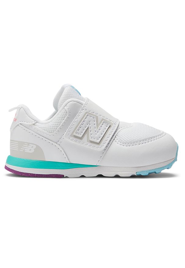 Buty niemowlęce New Balance NW574KIJ – białe. Okazja: na co dzień. Zapięcie: rzepy. Kolor: biały. Materiał: materiał, syntetyk, guma. Szerokość cholewki: normalna. Model: New Balance 574. Sport: turystyka piesza