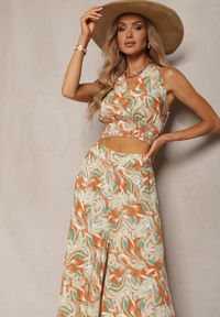 Renee - Pomarańczowo-Zielony Komplet Boho z Bawełny Krótki Top na Ramiączkach z Gumką Szerokie Spodnie Rasida. Kolor: pomarańczowy. Materiał: bawełna