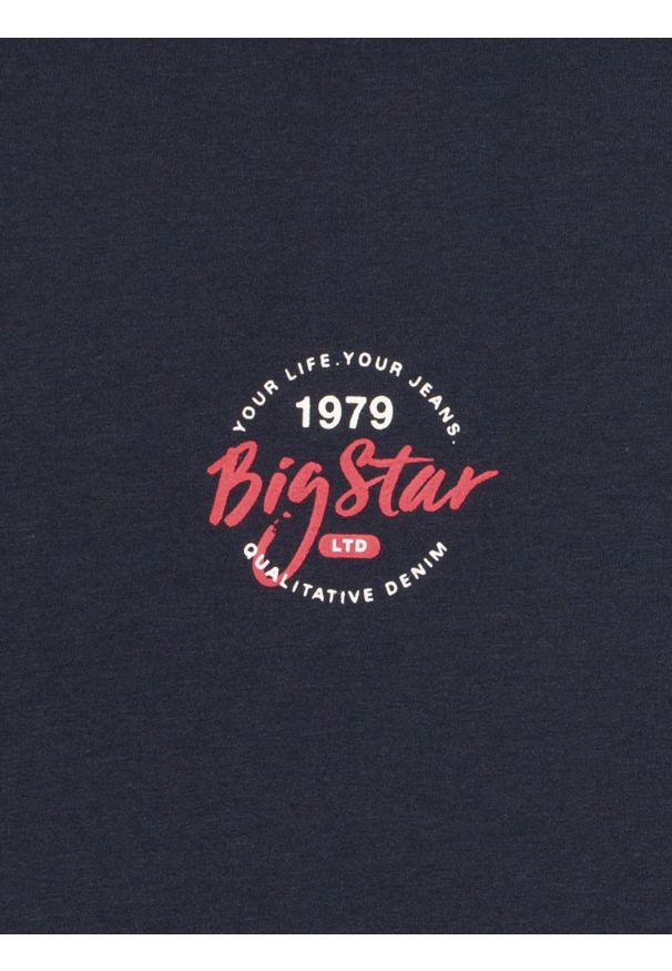 Big-Star - Koszulka męska z kontrastowymi przeszyciami granatowa Elvin 403. Okazja: na co dzień. Kolor: niebieski. Materiał: dzianina, jeans, bawełna, materiał, skóra, denim. Wzór: nadruk. Styl: klasyczny, casual