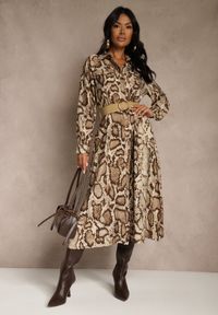 Renee - Brązowa Koszulowa Sukienka Snake Print z Wiskozą i Paskiem Bririn. Okazja: na co dzień. Kolor: brązowy. Materiał: wiskoza. Wzór: nadruk. Typ sukienki: koszulowe. Styl: casual #5