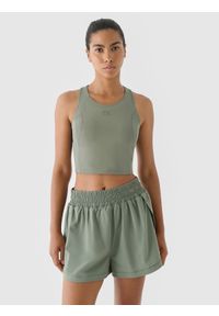 4f - 4F Crop top treningowy szybkoschnący 4F x Anna Lewandowska - khaki L. Kolor: oliwkowy, brązowy, wielokolorowy. Materiał: dzianina, guma, włókno, syntetyk, materiał, elastan. Wzór: gładki, ze splotem, jednolity. Sport: joga i pilates, fitness