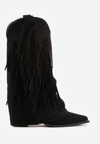 Born2be - Czarne Botki Typu Kowbojki na Obcasie z Wywiniętą Cholewką i Frędzlami Uemiris. Okazja: na co dzień. Kolor: czarny. Materiał: skóra, jeans. Szerokość cholewki: normalna. Wzór: gładki. Obcas: na obcasie. Styl: casual. Wysokość obcasa: średni #2