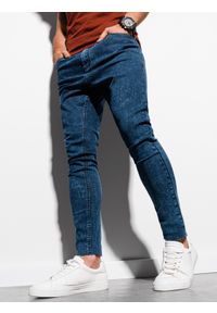 Ombre Clothing - Męskie spodnie jeansowe marmurkowe z surowo wykończoną nogawką SLIM FIT - ciemnoniebieskie V4 OM-PADP-0146 - XL. Kolor: niebieski. Materiał: jeans #4