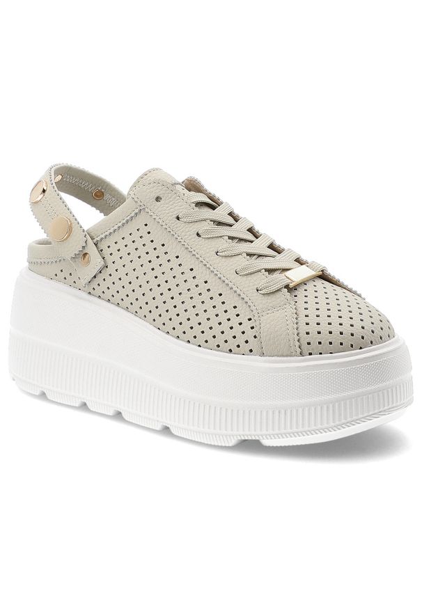 Klapki damskie S.Barski, ze skóry naturalnej licowej ażurowa cholewka platforma sznurowane styl casual, beżowe, LR61-7088. Okazja: na co dzień. Kolor: beżowy. Materiał: skóra. Wzór: ażurowy. Sezon: lato. Obcas: na platformie. Styl: casual