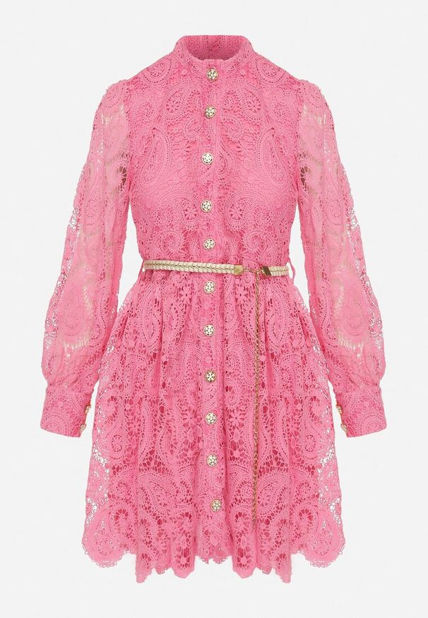 Born2be - Różowa Koronkowa Sukienka z Plecionym Paskiem Ilvila. Kolor: różowy. Materiał: koronka