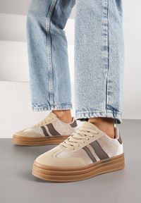 Born2be - Ciemnobeżowe Sneakersy w Stylu Klasycznych Tenisówek na Grubej Podeszwie Tuluvia. Okazja: na spacer. Kolor: beżowy. Materiał: jeans. Sport: turystyka piesza