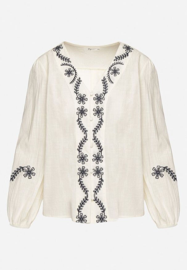 Born2be - Beżowa Koszula z Wiskozą z Dekoltem w Serek i Kwiatowym Haftem Gonnavia. Okazja: na co dzień. Typ kołnierza: dekolt w serek. Kolor: beżowy. Długość: długie. Wzór: kwiaty, haft. Materiał: wiskoza. Długość rękawa: długi rękaw. Sezon: wiosna, lato. Styl: casual