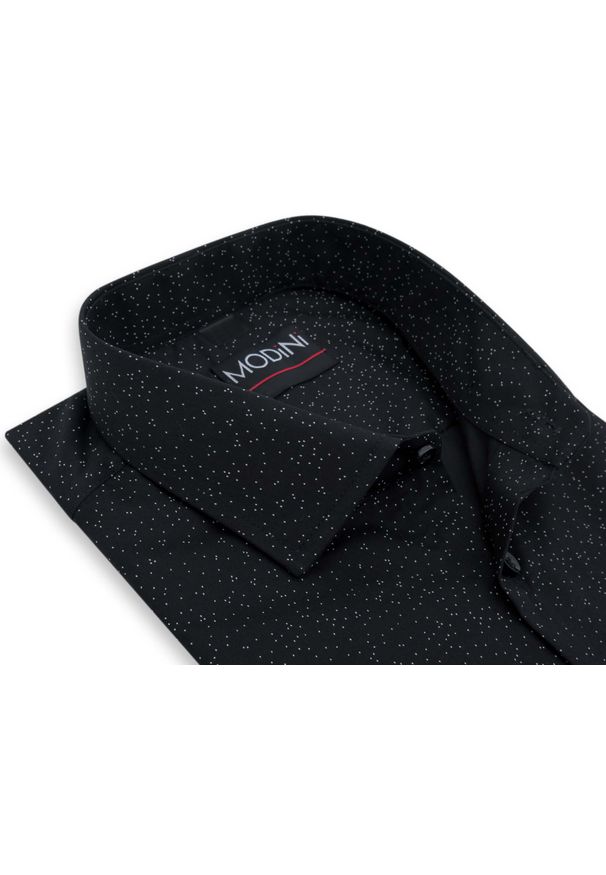 Modini - Czarna koszula męska w białe kropeczki Y43. Kolor: wielokolorowy, czarny, biały. Materiał: bawełna, poliester, tkanina. Długość: długie