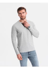 Ombre Clothing - Męski longsleeve z guzikami przy dekolcie - szary melanż V8 - Rozmiar: M. Okazja: na co dzień. Kolor: szary. Materiał: bawełna, jersey, dzianina. Długość rękawa: długi rękaw. Wzór: melanż. Styl: klasyczny, casual