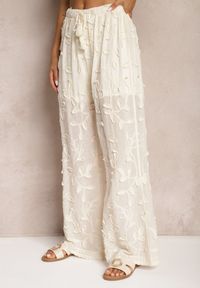 Renee - Beżowe Spodnie High Waist o Ażurowym Wykończeniu z Gumką w Talii Gralefia. Stan: podwyższony. Kolor: beżowy. Wzór: ażurowy #4