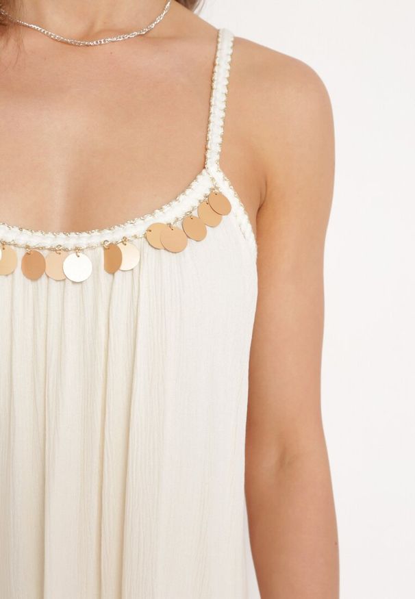 Born2be - Beżowa Wiskozowa Sukienka z Ramiączkami Zdobiona Cekinami i Metaliczną Nitką Comalara. Okazja: na co dzień, na imprezę. Typ kołnierza: dekolt w serek. Kolor: beżowy. Materiał: wiskoza. Długość rękawa: na ramiączkach. Wzór: aplikacja. Styl: casual