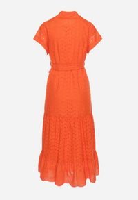 Born2be - Pomarańczowa Sukienka Bawełniana z Ażurowym Wzorem i Wiązanym Paskiem Kelilena. Okazja: na co dzień. Kolor: pomarańczowy. Materiał: bawełna. Długość rękawa: krótki rękaw. Wzór: ażurowy. Typ sukienki: rozkloszowane. Styl: retro, casual, elegancki #3