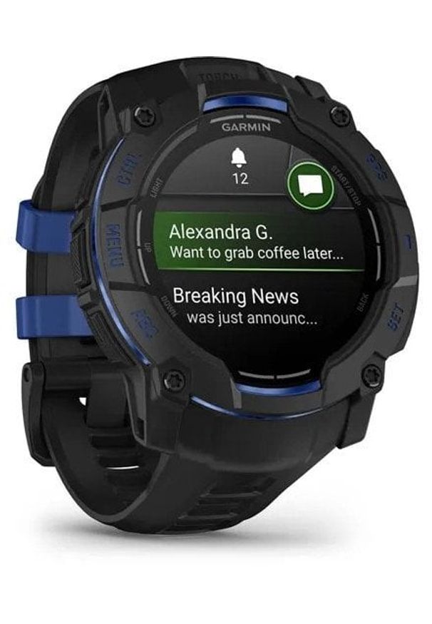 GARMIN - Smartwatch Garmin Instinct 3 AMOLED 50mm czarny z paskiem w kolorze black / bolt blue. Rodzaj zegarka: smartwatch. Kolor: czarny