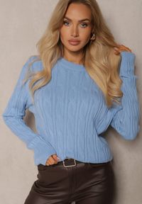 Renee - Niebieski Sweter z Wiskozą Ozdobiony Tłoczeniem Savra. Okazja: na randkę, na co dzień. Kolor: niebieski. Materiał: wiskoza. Wzór: aplikacja. Styl: casual, elegancki