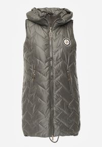 Renee - Zielona Długa Pikowana Kamizelka z Kapturem i Ozdobną Naszywką Mentape. Typ kołnierza: kaptur. Kolor: zielony. Długość: długie. Wzór: aplikacja. Styl: sportowy #8