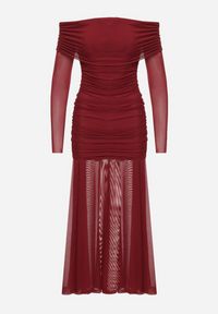 Born2be - Bordowa Taliowana Sukienka Typu Hiszpanka z Transparentnymi Wstawkami Halacia. Typ kołnierza: dekolt hiszpanka. Kolor: czerwony. Styl: elegancki #5