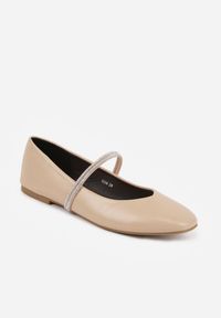 Renee - Beżowe Balerinki w Stylu Mary Jane z Paskiem z Cyrkoniami Cireris. Okazja: na imprezę. Zapięcie: pasek. Kolor: beżowy. Materiał: jeans. Styl: elegancki, klasyczny #5