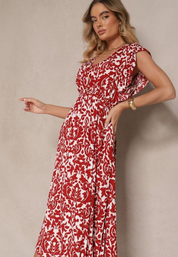 Renee - Bordowa Sukienka z Bawełny Rozkloszowana z Falbanami w Roślinny Wzór Zalimara. Okazja: na co dzień. Typ kołnierza: dekolt w kształcie V. Kolor: czerwony. Materiał: bawełna. Długość rękawa: krótki rękaw. Styl: casual, klasyczny