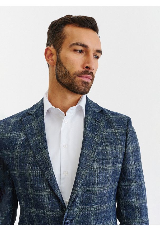 Pako Lorente - PAKO LORENTE – Granatowa casualowa marynarka męska w zieloną kratę. Okazja: na co dzień. Kolor: wielokolorowy, niebieski, zielony. Materiał: poliester, elastan, wiskoza. Styl: casual