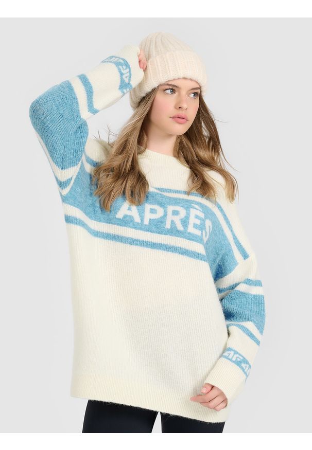 4f - 4F Sweter loose damski - beżowy L. Okazja: na co dzień. Kolor: beżowy. Materiał: wełna. Styl: casual