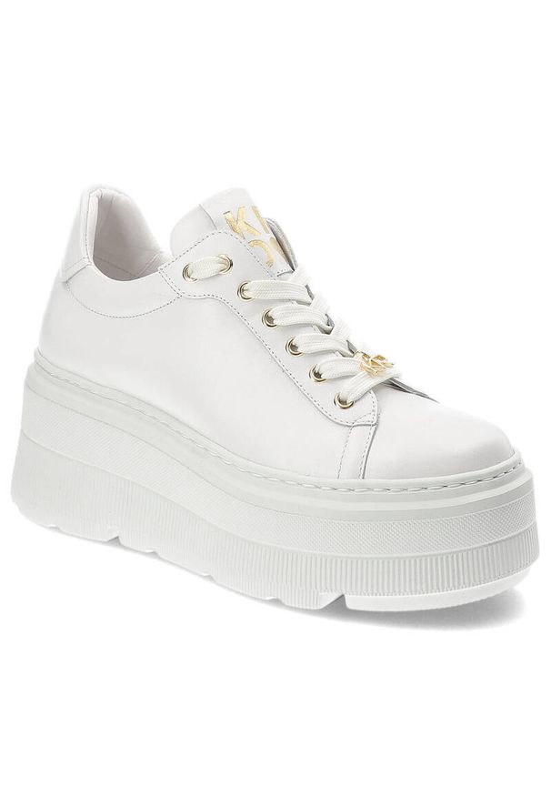 Białe Sneakersy Karino Stylowe Obuwie Damskie Na Platformie. Okazja: na co dzień. Kolor: biały. Materiał: skóra. Obcas: na platformie