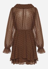 Born2be - Brązowa Siateczkowa Sukienka w Groszki o Rozkloszowanym Kroju z Falbankami Nemela. Okazja: na co dzień. Typ kołnierza: kołnierz z falbankami. Kolor: brązowy. Materiał: poliester, wełna. Wzór: grochy. Typ sukienki: proste. Styl: wizytowy, casual #4