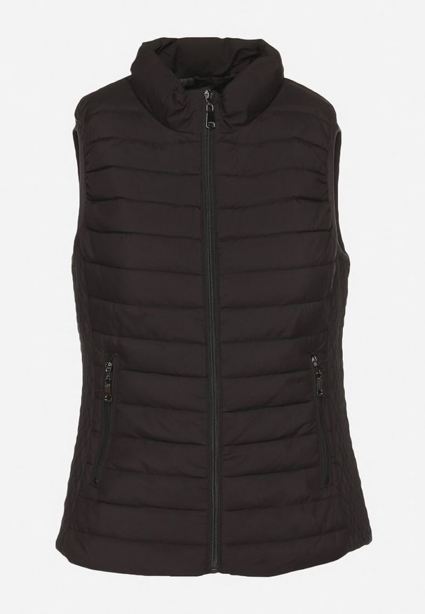 Born2be - Czarna Pikowana Kamizelka ze Stójką i Zasuwanymi Kieszeniami Lorenith. Typ kołnierza: kołnierzyk stójkowy. Kolor: czarny. Materiał: jeans. Styl: elegancki