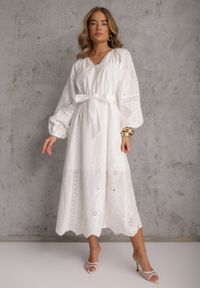 Renee - Biała Boho Sukienka z Bawełny z Haftem Wiązaniem i Ażurowymi Detalami Adrirena. Okazja: na co dzień. Kolor: biały. Materiał: bawełna. Długość rękawa: długi rękaw. Wzór: ażurowy, haft. Typ sukienki: proste. Styl: boho #1