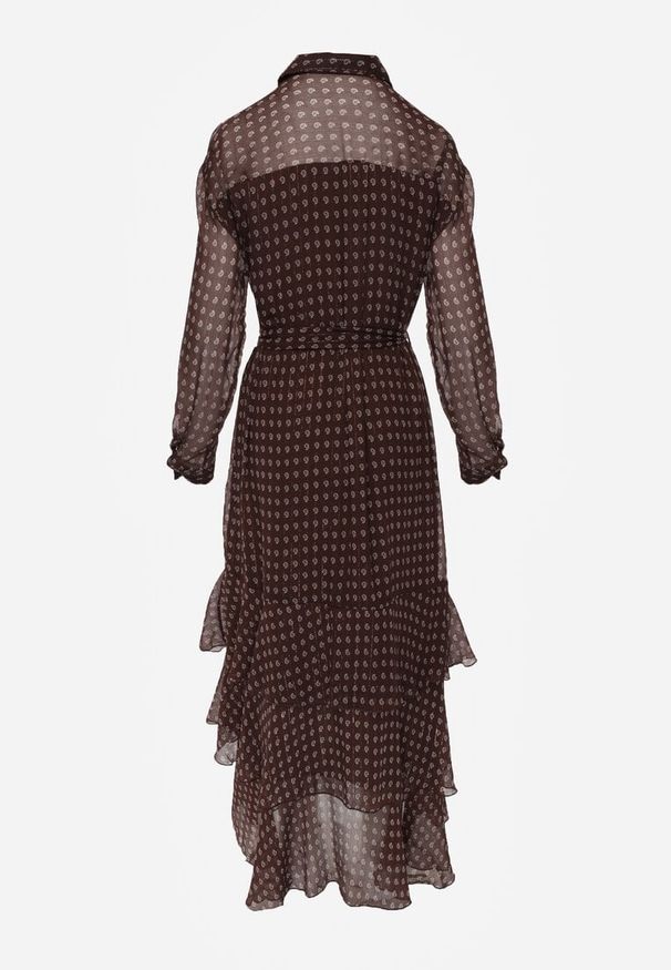 Renee - Brązowa Sukienka o Koszulowym Kroju z Przedłużonym Tyłem i Falbanami Savarinna. Kolor: brązowy. Materiał: poliester. Typ sukienki: koszulowe