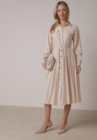 Born2be - Beżowa Wiskozowa Sukienka Koszulowa z Paskiem Andranassa. Okazja: na co dzień. Kolor: beżowy. Materiał: wiskoza. Wzór: aplikacja. Typ sukienki: koszulowe. Styl: casual, elegancki #7