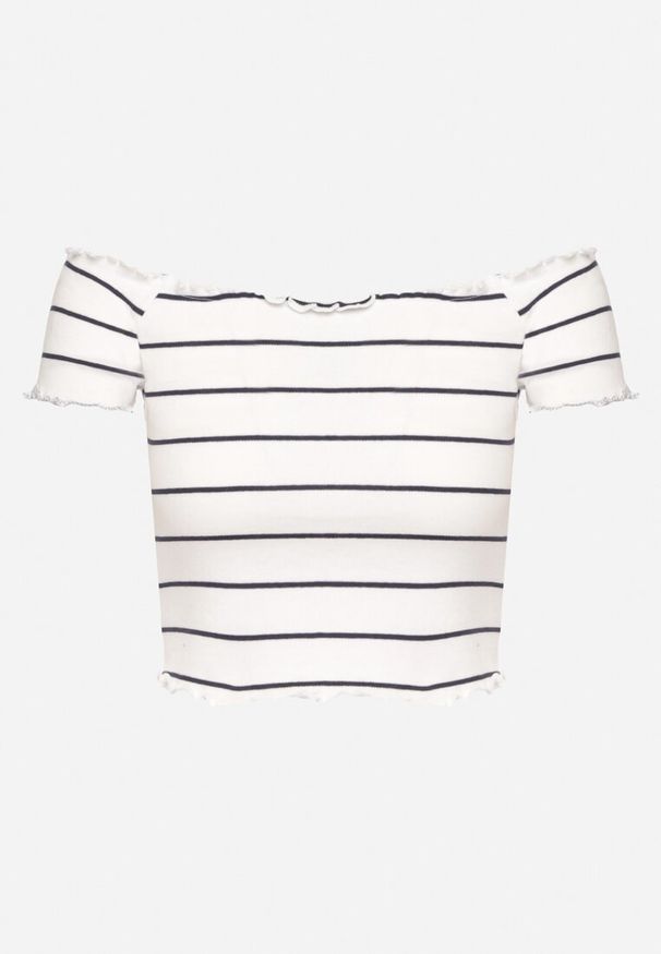 Born2be - Biały Top z Bawełny Typu Hiszpanka w Paski Lireena. Okazja: na co dzień. Typ kołnierza: dekolt hiszpanka. Kolor: biały. Materiał: bawełna. Wzór: paski. Sezon: wiosna. Styl: klasyczny, casual