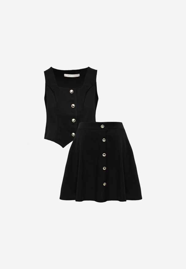 Born2be - Czarny Elegancki Komplet Kamizelka i Rozkloszowana Spódnica z Guzikami Merireida. Kolor: czarny