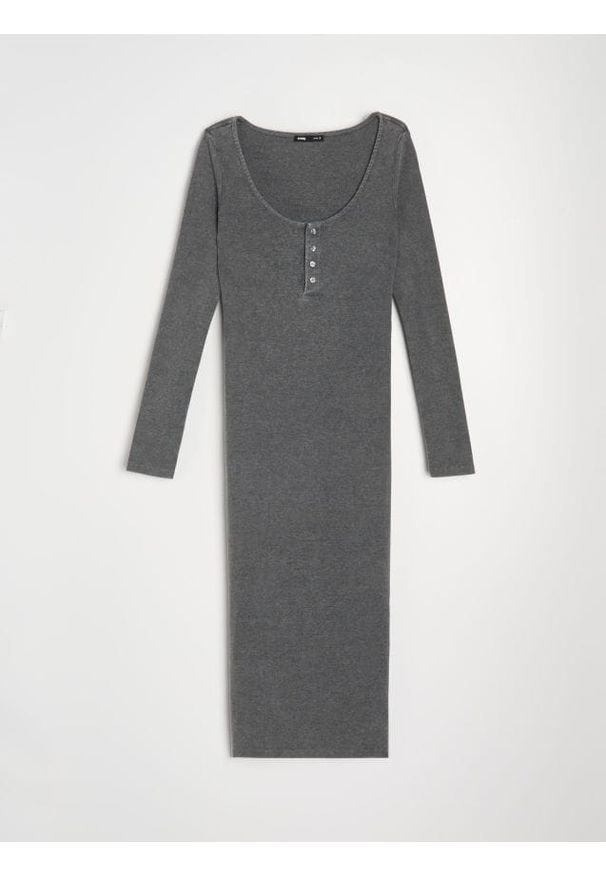 Sinsay - Sukienka midi z guzikami przy dekolcie - szary. Kolor: szary. Długość: midi