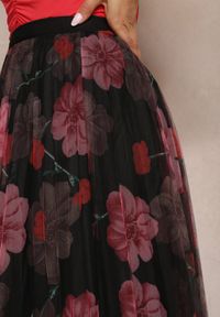 Renee - Czarno-Różowa Plisowana Spódnica High Waist z Kwiatowym Printem Frosa. Stan: podwyższony. Kolor: czarny. Materiał: tkanina. Wzór: nadruk, kwiaty #5