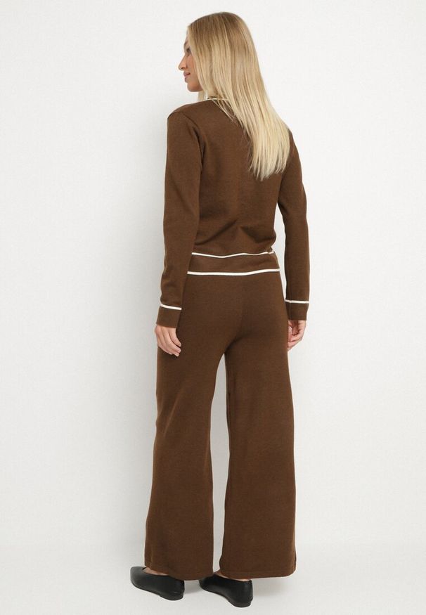 Born2be - Brązowy Dzianinowy Komplet Szerokie Spodnie i Kardigan z Lamówkami Gioresa. Kolor: brązowy. Materiał: dzianina. Wzór: gładki. Sport: turystyka piesza