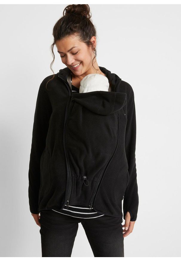 bonprix - Bluza rozpinana ciążowa z polaru, z wstawką na nosidełko. Kolekcja: moda ciążowa. Kolor: czarny. Materiał: polar