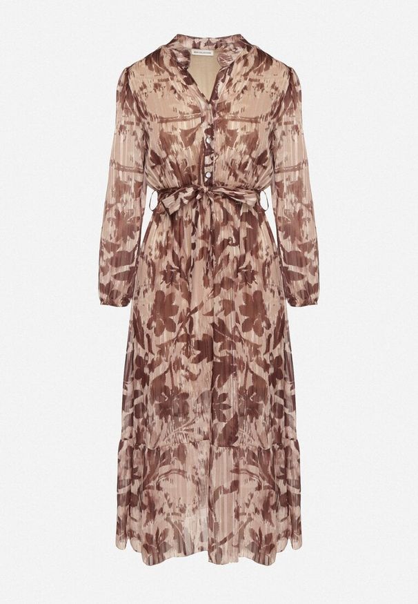 Born2be - Brązowa Rozkloszowana Sukienka z Wiązanym Paskiem i Metaliczną Nicią Nalirina. Okazja: na co dzień. Typ kołnierza: dekolt w kształcie V. Kolor: brązowy. Materiał: wiskoza, elastan. Wzór: aplikacja. Typ sukienki: rozkloszowane, proste. Styl: klasyczny, casual, elegancki