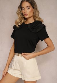 Renee - Czarny T-shirt z Bawełny Wykończony Ozdobnymi Elementami Kililena. Okazja: na co dzień, na spotkanie biznesowe, do pracy. Kolor: czarny. Materiał: bawełna. Wzór: aplikacja. Styl: biznesowy, klasyczny, elegancki, casual #4