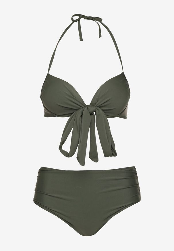 Born2be - Zielone Bikini Biustonosz z Ozdobnym Wiązaniem i Majtki Figi Fevonellea. Kolor: zielony. Wzór: aplikacja