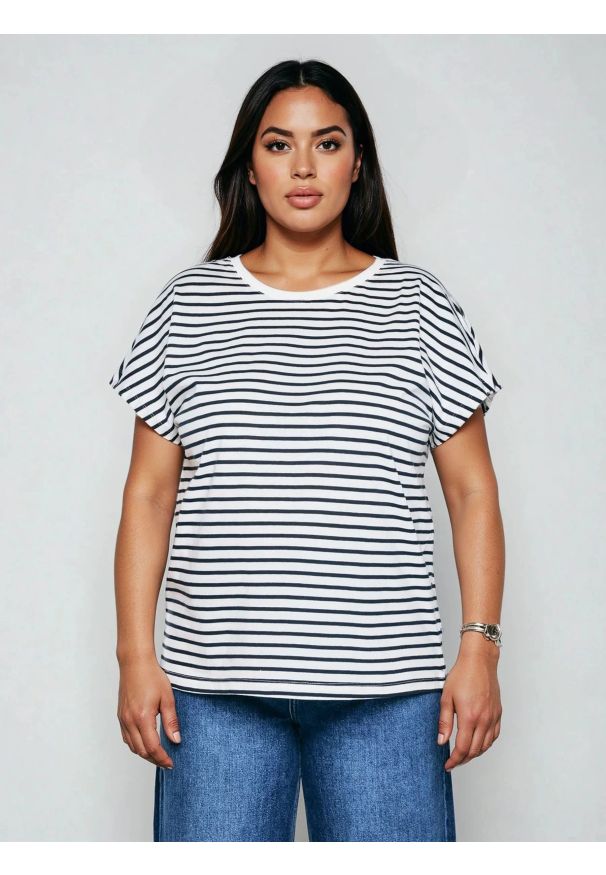 Big-Star - Koszulka damska w paski biało-granatowa Aleksa 403. Kolor: niebieski. Materiał: dzianina, bawełna, żakard. Wzór: paski. Sezon: lato. Styl: wakacyjny, sportowy