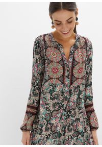 bonprix - Sukienka tunikowa z lejącej wiskozy, petite. Typ kołnierza: typu henley. Kolekcja: petite. Kolor: czarny. Materiał: wiskoza. Wzór: nadruk #2