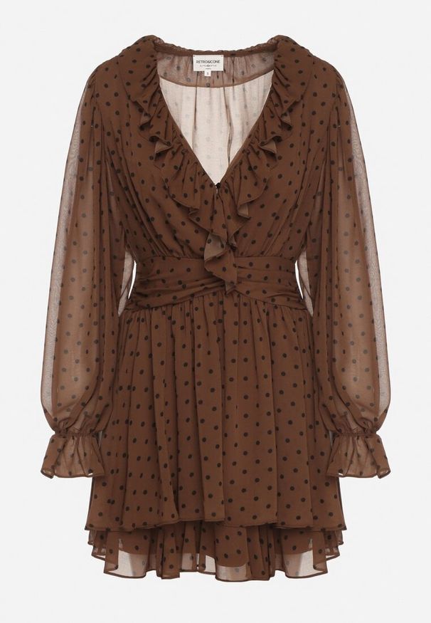 Born2be - Brązowa Siateczkowa Sukienka w Groszki o Rozkloszowanym Kroju z Falbankami Nemela. Okazja: na co dzień. Typ kołnierza: kołnierz z falbankami. Kolor: brązowy. Materiał: poliester, wełna. Wzór: grochy. Typ sukienki: proste. Styl: wizytowy, casual