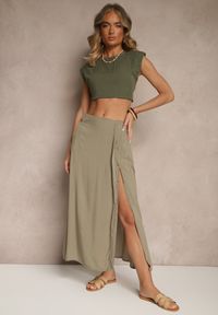 Renee - Zielona Rozkloszowana Spódnica z Wiskozy z Kieszeniami Galmira. Okazja: na co dzień. Kolor: zielony. Materiał: wiskoza. Styl: klasyczny, elegancki, casual #3
