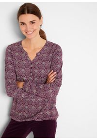 bonprix - Shirt z długim rękawem, dekoltem henley i nadrukiem. Typ kołnierza: typu henley. Kolor: fioletowy. Materiał: jersey. Długość rękawa: długi rękaw. Długość: długie. Wzór: nadruk #1