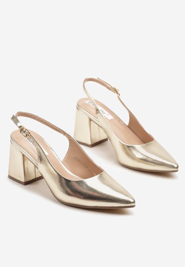 Renee - Złote Sandały Slingback na Słupkowym Obcasie Tenella. Kolor: złoty. Sezon: lato, wiosna. Obcas: na obcasie. Styl: elegancki. Wysokość obcasa: średni