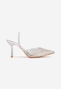Born2be - Srebrne Transparentne Szpilki z Odkrytą Piętą i Cyrkoniami na Nosku Ilunatia. Okazja: na co dzień, na randkę, na ślub cywilny, na wesele. Kolor: srebrny. Materiał: jeans. Obcas: na szpilce. Styl: casual, elegancki, wizytowy #3