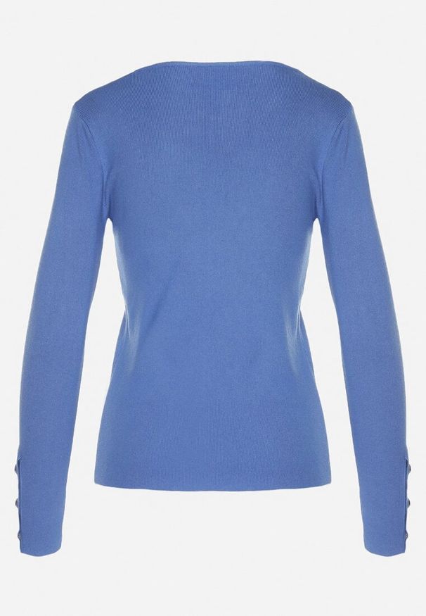 Born2be - Niebieski Sweter z Dekoltem V i Ozdobnymi Guzikami na Rękawach Atterisa. Okazja: na co dzień. Typ kołnierza: dekolt w kształcie V. Kolor: niebieski. Materiał: jeans. Długość rękawa: długi rękaw. Długość: długie. Wzór: aplikacja. Styl: casual
